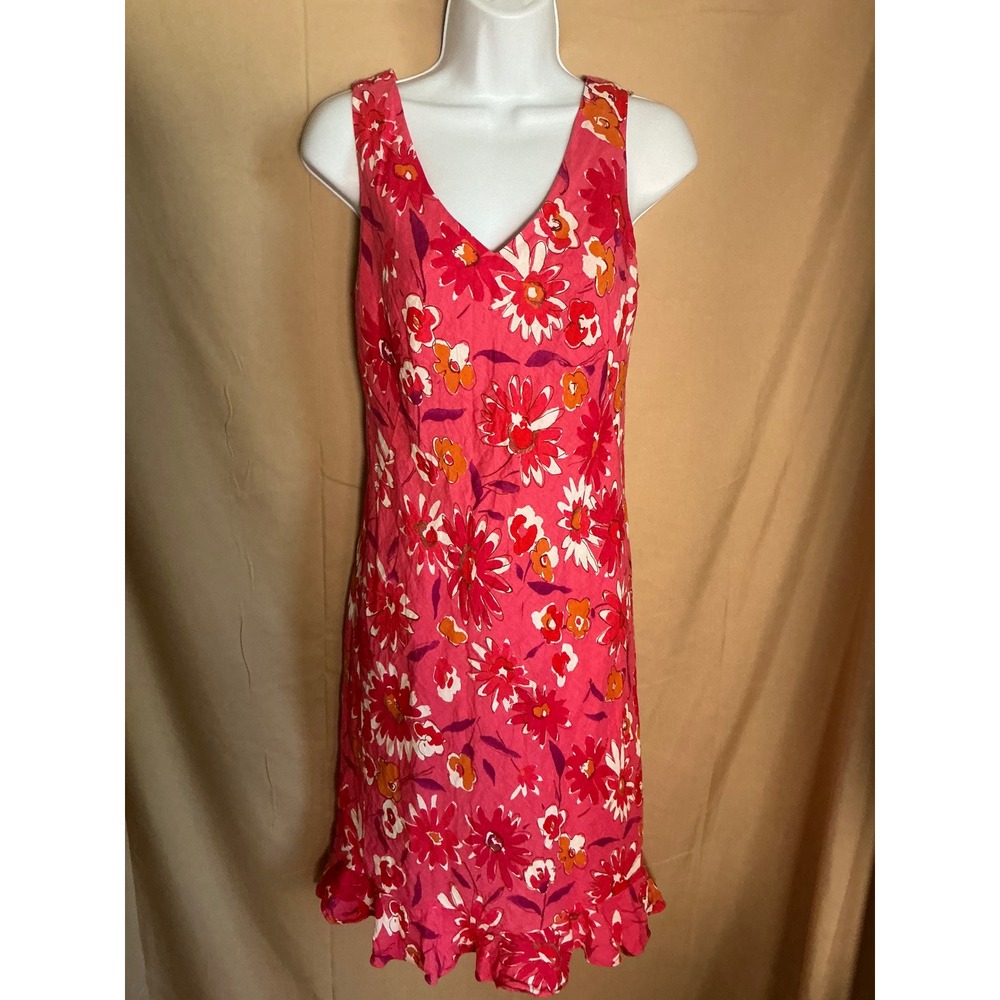 Evan-Picone Floral Sheath Dress Womens 6 Pink Excellent Linen Blend Ruffle Hem